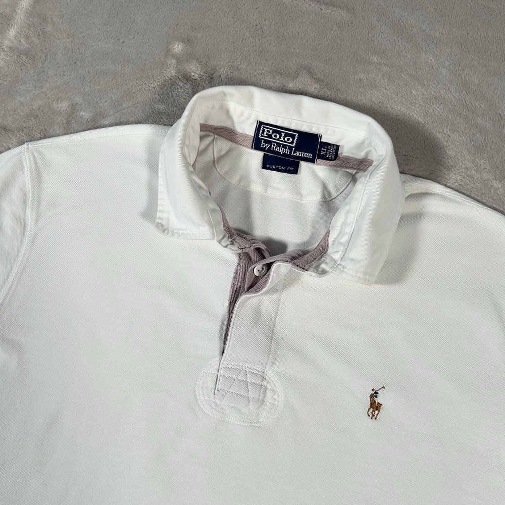 VTG Polo Ralph Lauren Rugby Polo Shirt Mens XL White Custom Fit Flesh Pony 90s